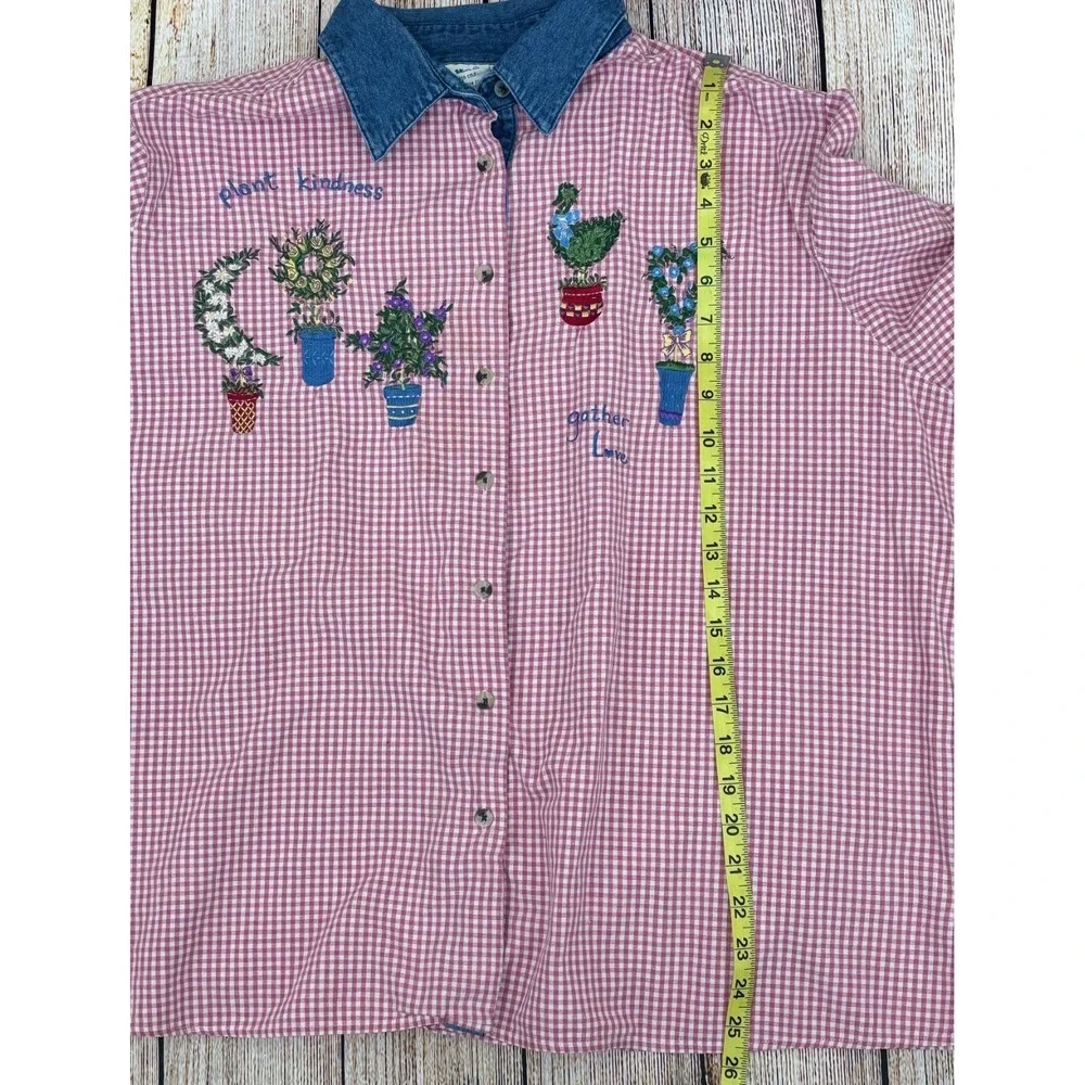 Quaker Factory Long Sleeve Shirt Size 1X‎ Cotton Gingham Gardening Embroidered